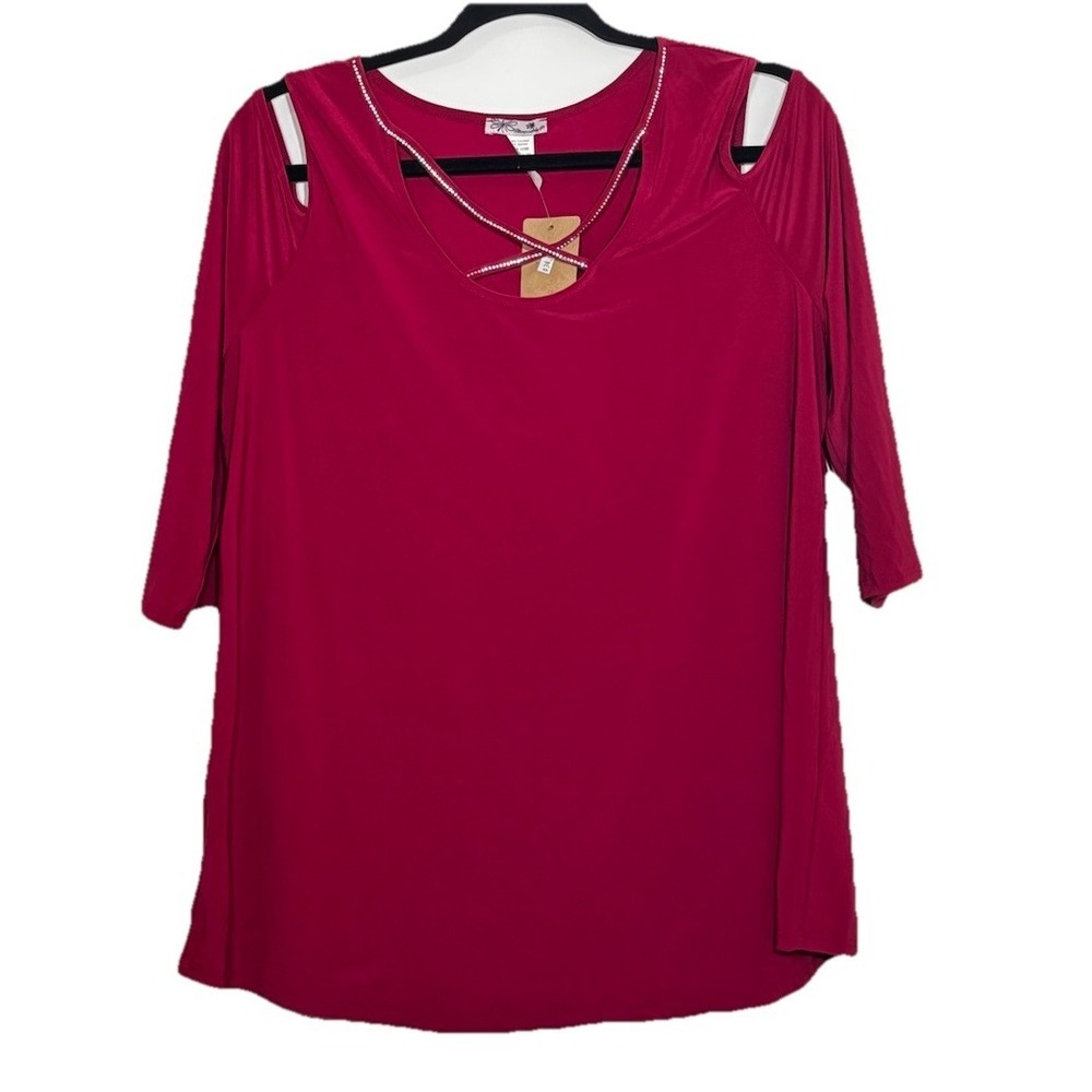 Blossom by P. Women's Large Top NWT Cold Shoulder‎ Rhinestone Neckline Berry Red